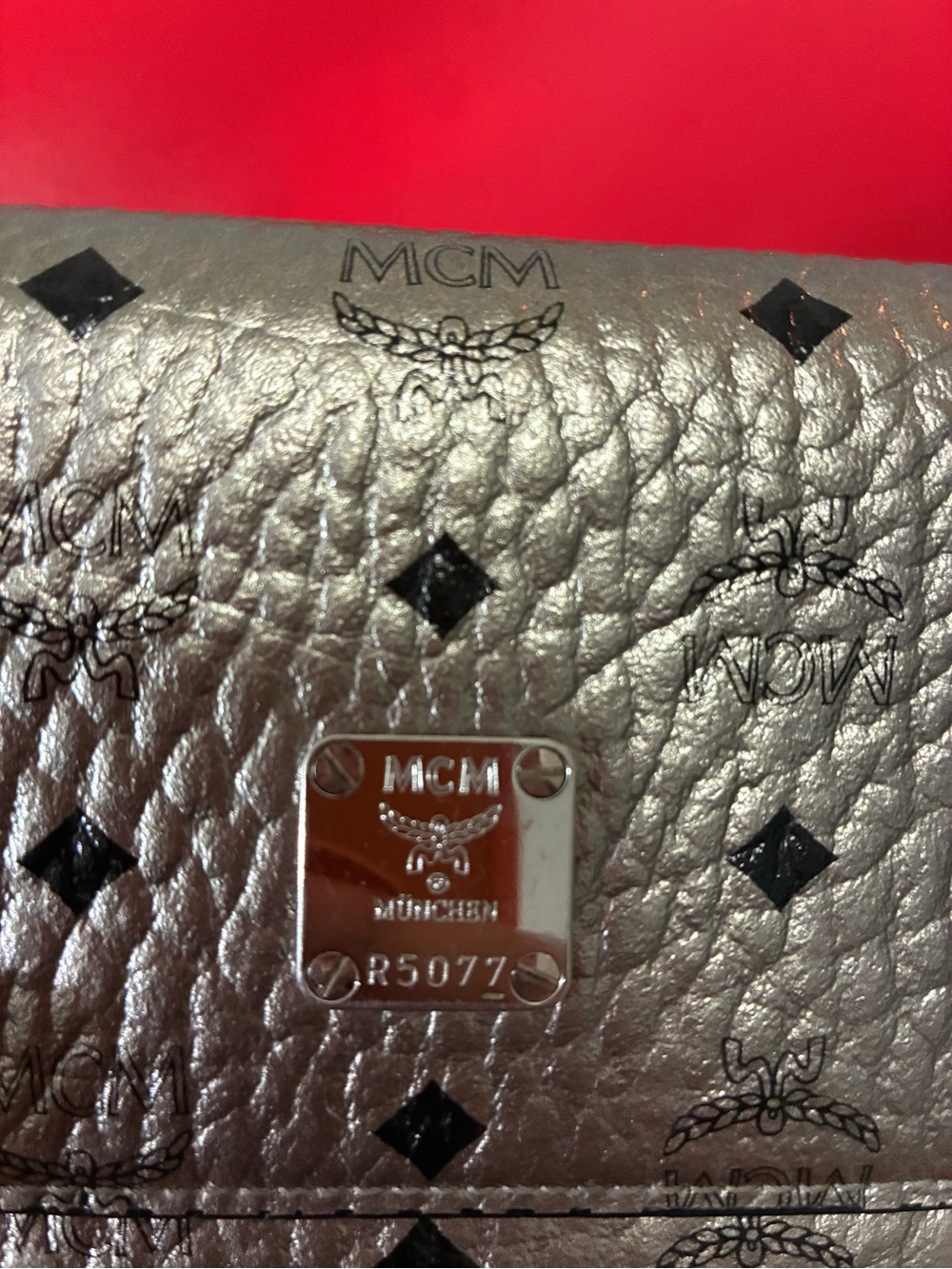 MCM Silver Metallic Logo Wallet with Black Motif